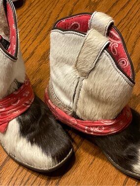 Dan Post Kids Black & White Haircalf Cowboy Boots with Red Bandana Trim